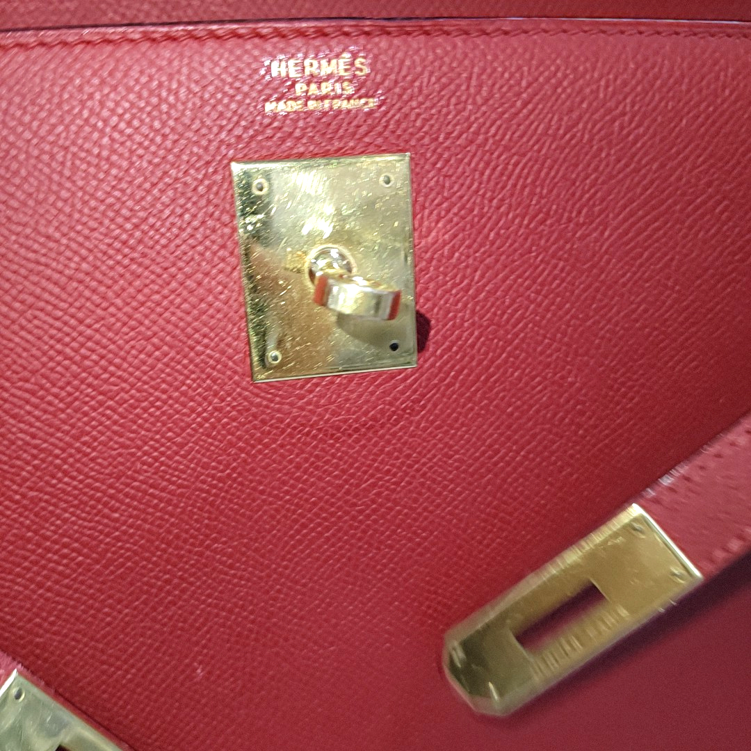 Hermes Kelly 32 Sellier Red Epsom Leather Gold HW Circle S Stamp 1989