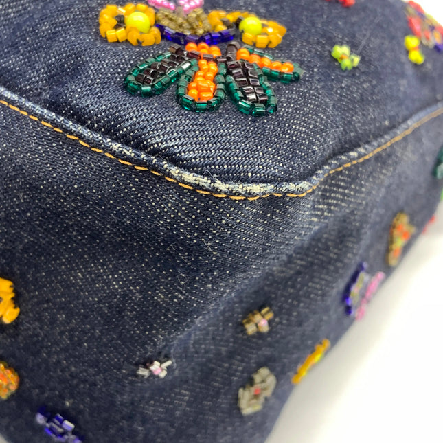 FENDI Mamma Baguette Blue Denim with Floral Beads Vintage