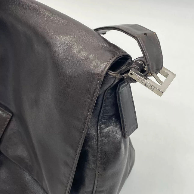 Fendi Mamma Baguette Chocolate Brown Lambskin Leather Silver Hardware