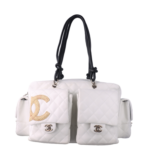 Chanel Cambon Multi-pocket Ligne Reporter Bag Large White Calfskin Leather-Luxbags