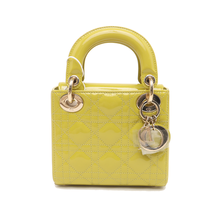 Lady Dior Mini Handbag Yellow Patent Leather Gold-tone Chain Strap