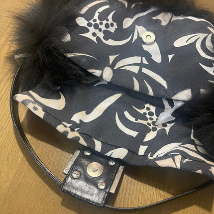 Fendi Baguette Black Print Fabric and Furry Shoulder Bag