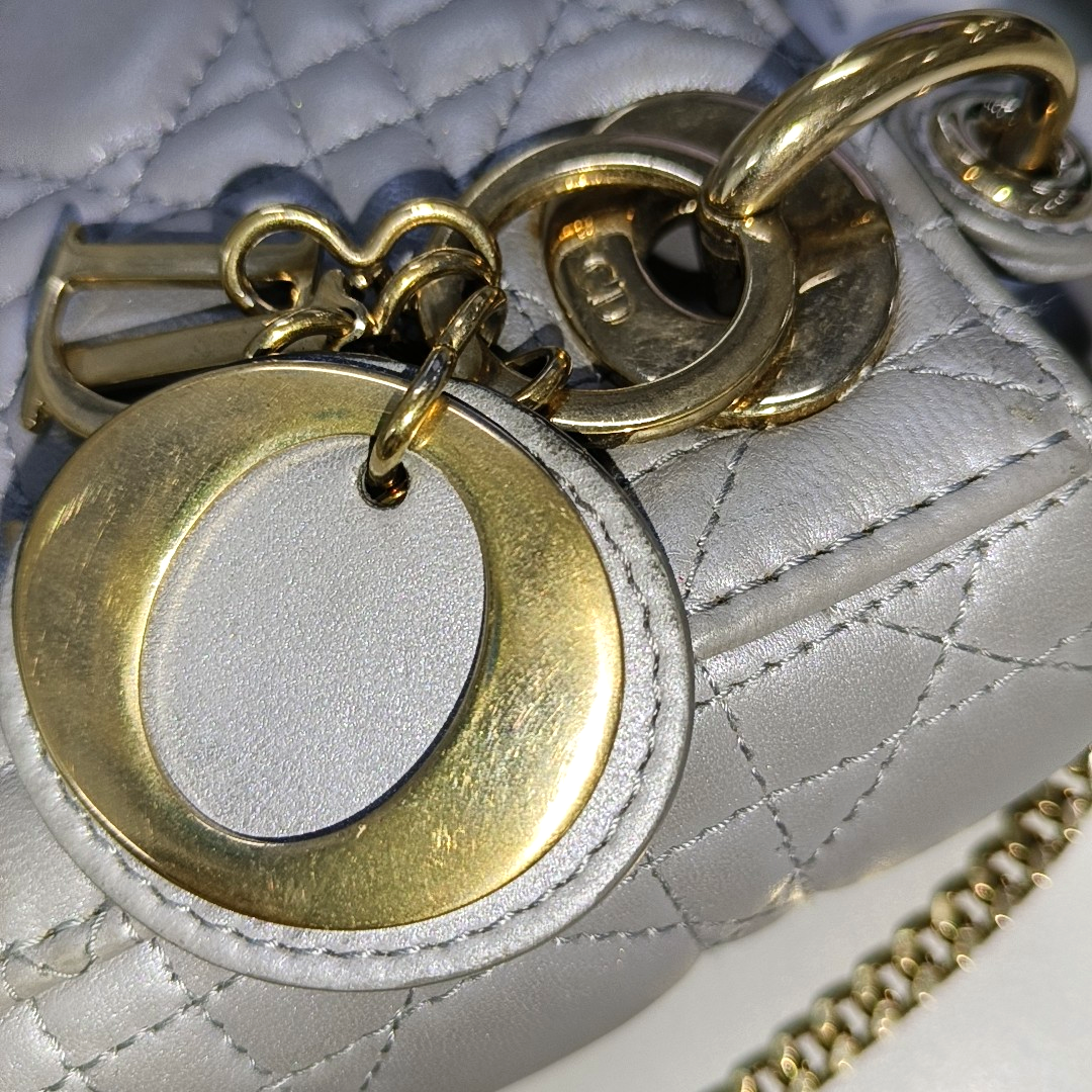 Lady Dior Mini Pearlescent Grey Lambskin Leather Gold HW Chain Strap