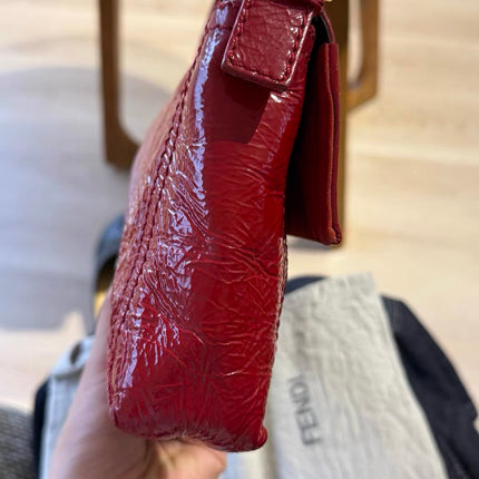FENDI Baguette Red Crinkled Patent Leather Shoulder Bag