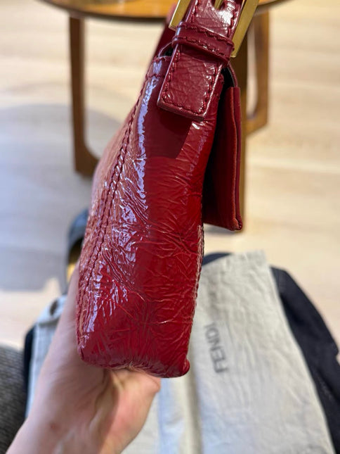FENDI Baguette Red Crinkled Patent Leather Shoulder Bag