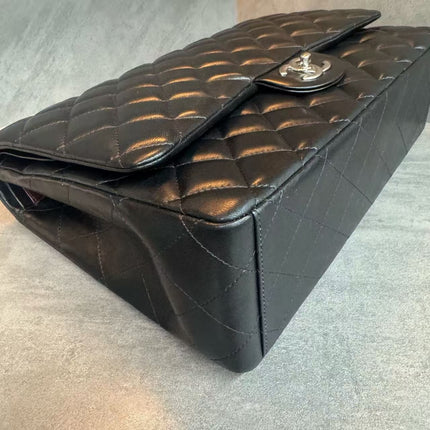 Chanel Classic Flap Maxi Black Lambskin Leather Double Flap Silver Hardware 2012