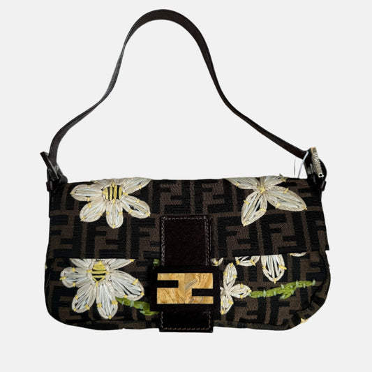 Fendi Baguette Zucca Monogram with Straw Floral Embroidery-Luxbags