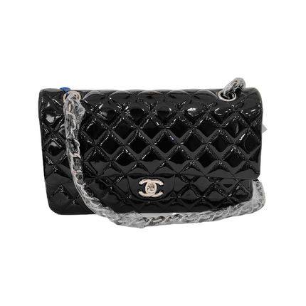 Chanel Classic Flap Medium Black Patent Leather Silver HW-Luxbags