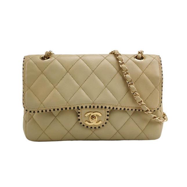 Chanel Classic Flap Medium Happy Stitch Beige Leather with Contrast Black Trim-Luxbags
