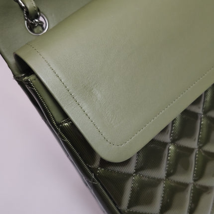 Chanel Classic Flap Maxi Metallic Green Patent Leather Double Flap Sliver Hardware 2012