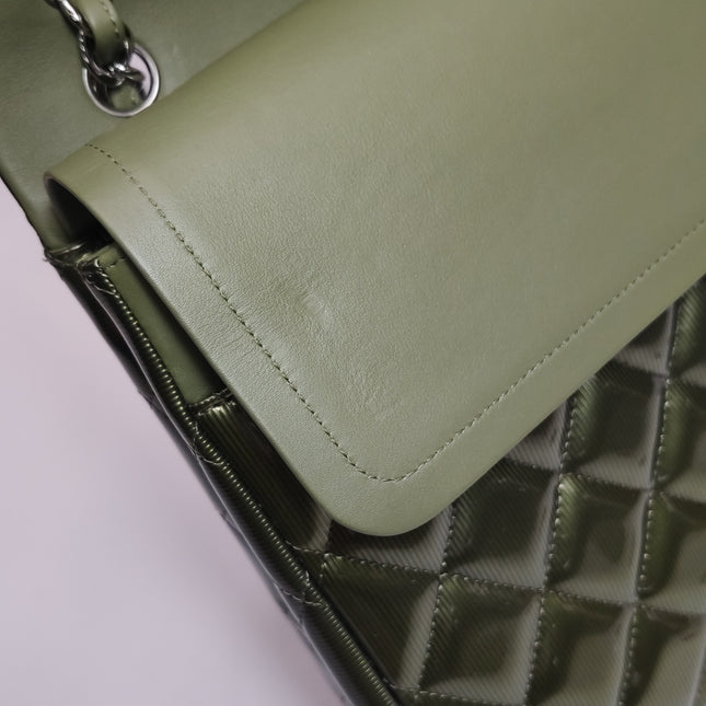 Chanel Classic Flap Maxi Metallic Green Patent Leather Double Flap Sliver Hardware 2012