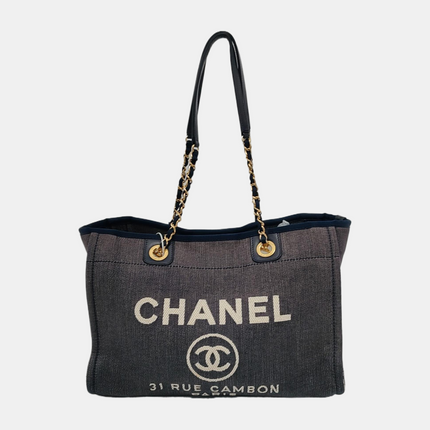 Chanel Deauville Tote Navy Denim Cloth Leather Chain Strap Gold Hardware Medium 30cm-Luxbags