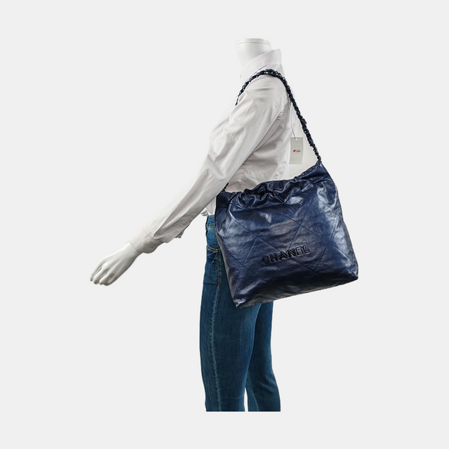 Chanel 22 Hobo Bag Medium Shiny Calfskin Leather Metallic Navy