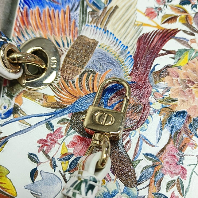 Lady D-Joy Medium Bird and Flower Embroidery Calfskin Leather