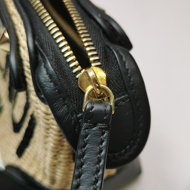 Sold Fendi By The Way Mini Raffia Straw Black Leather Crossbody Bag