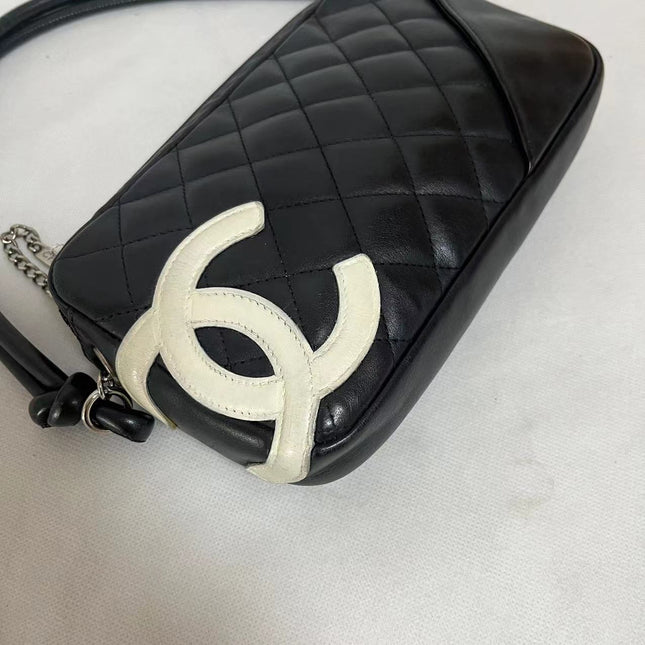 Chanel Cambon Clutch Black Leather White Logo