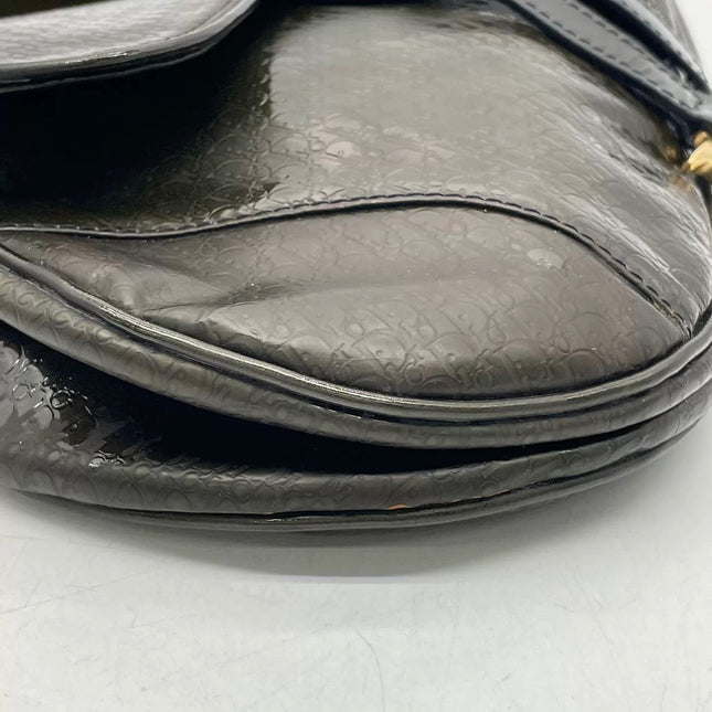 Dior Saddle Small Vintage Shoulder Bag Dark Green Oblique Print Patent Leather