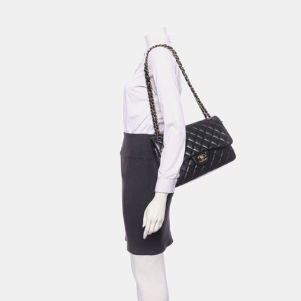 Chanel Classic Flap Jumbo Black Lambskin Leather Double Flap Gold Hardware