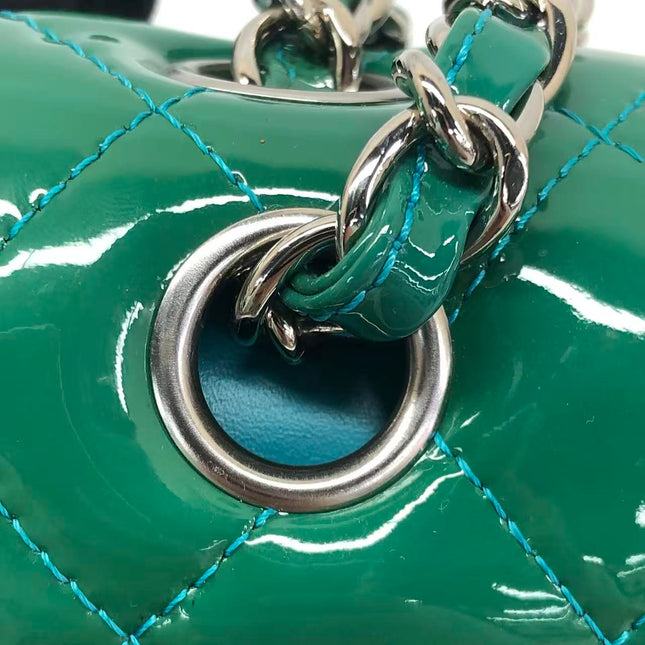 Chanel Classic Flap Medium Teal Blue Green Patent Leather Silver Hardware 2014-15