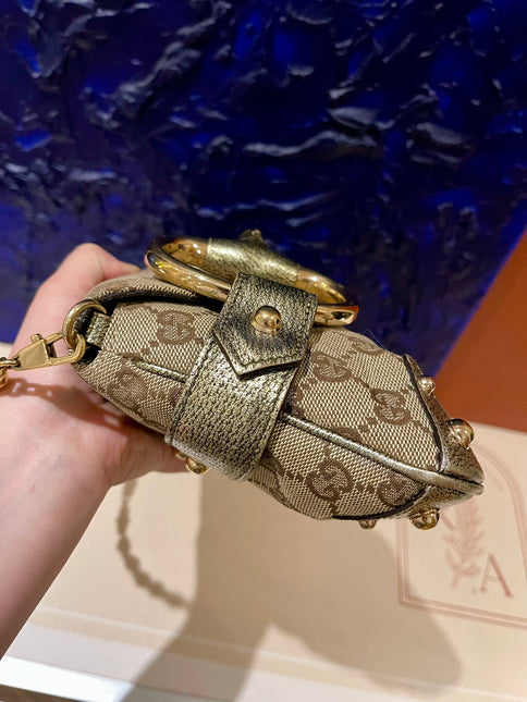 Sold Gucci Horsebit 1955 Large Cloth Beige Monogram Gold Leather Shoulder bag
