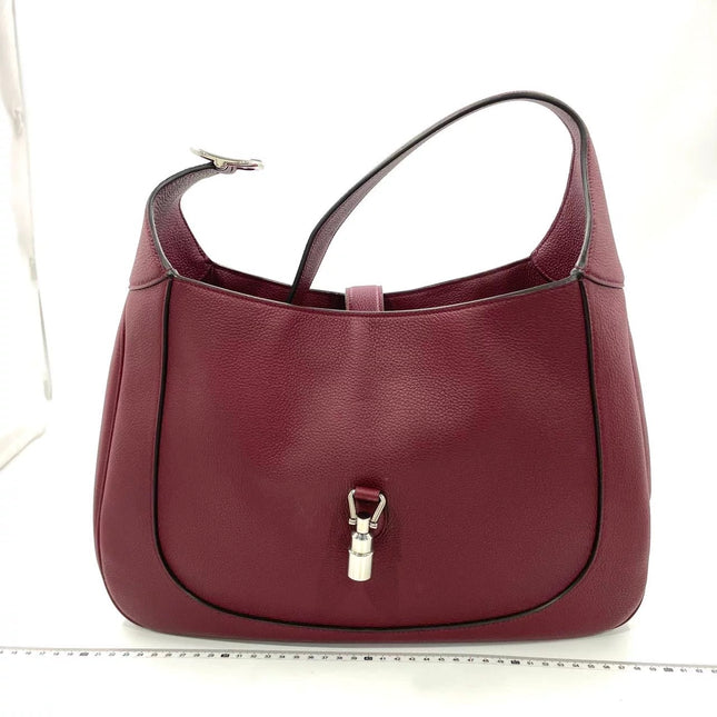 Gucci Jackie 1961 Burgundy Large Pebbled Leather Shoulder Bag with Strap