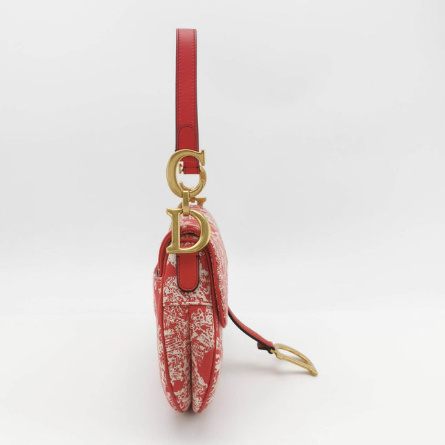 Christian Dior Saddle Medium Red Canvas Rain Forest Prints