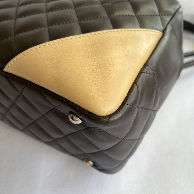 Chanel Cambon Medium Shoulder Bag Brown Calfskin Leather Snake-skin CC Logo Black Double Strap