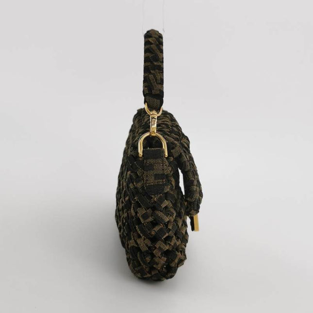 Fendi Baguette Mini Canvas Crochet Zucca Dark Green and Gold Hardware