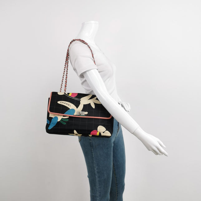Chanel 2.55 Flap Bag Vintage Chocolate Bar Multipocket 2000 Large Black Fabric with Bird Print