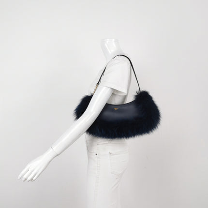 FENDI O Lock Navy Leather and Faux Fur Shoulder Bag