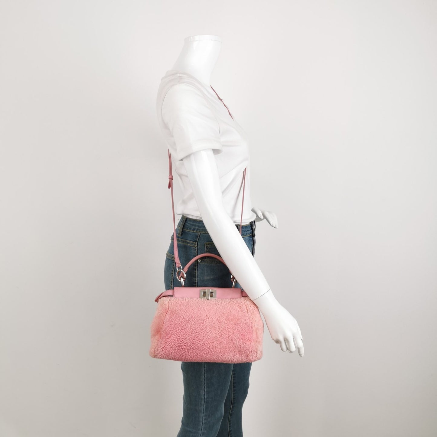 Fendi Peekaboo Small Pink Leather and Shearling Crossbody Bag