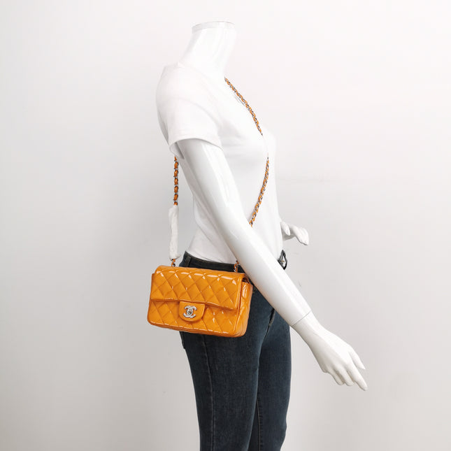 Chanel Classic Flap Mini Orange Patent Leather Silver Hardware