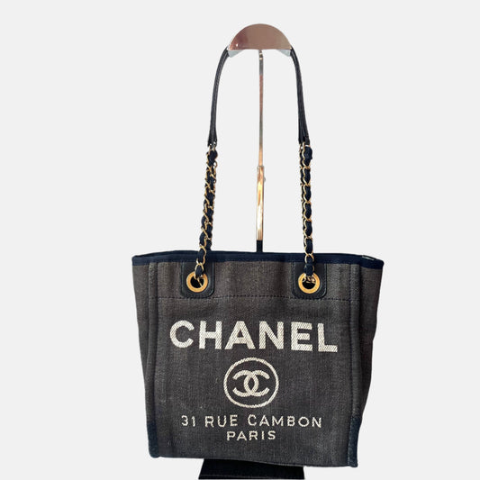 Chanel North South Deauville Tote Small Navy Denim Top Handle Shoulder Bag, 2012-2013-Luxbags