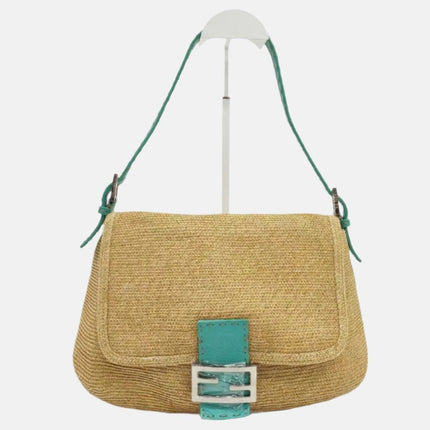 Sold Fendi Mamma Baguette Raffia Straw with Blue Leather