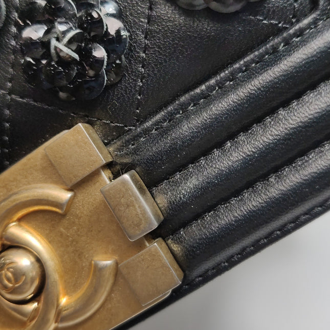 Chanel Le Boy Bag Small Camellia Black Lambskin Leather Gold Hardware