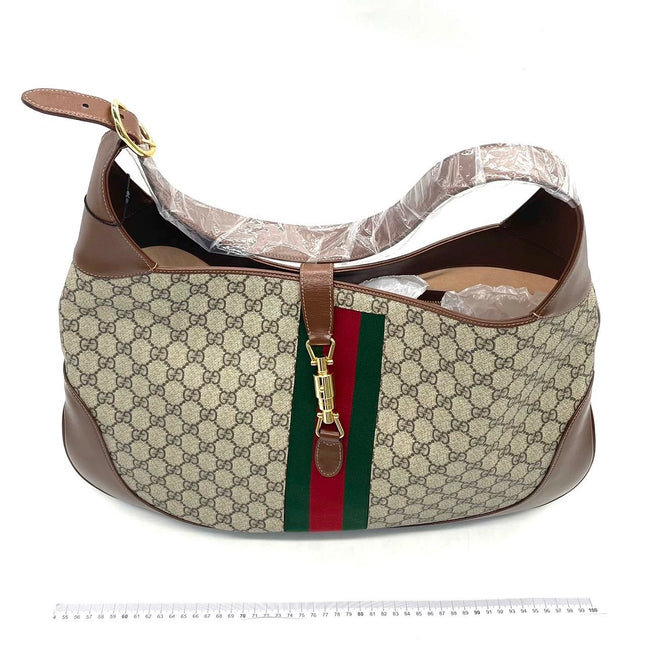 Gucci Jackie 1961 Large Brown Leather and Monogram Web with Long Strap