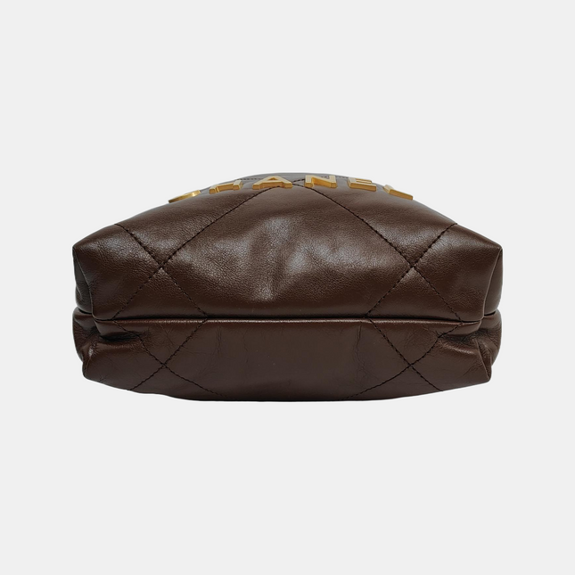 Chanel 22 Hobo Bag Mini Shiny Calfskin Leather Dark Chocolate Brown with Gold-tone Hardware