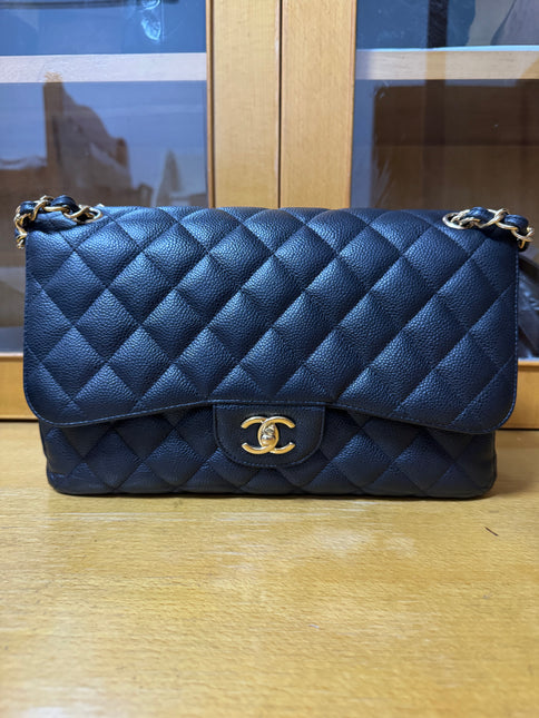 Chanel Classic Flap Jumbo 2012 Black Caviar Leather Double Flap Gold Hardware