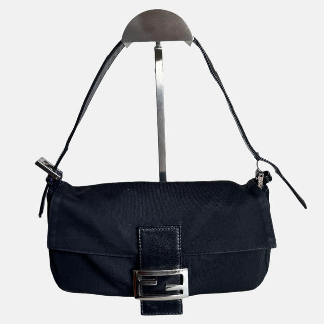 FENDI Baguette Vintage Black Cloth Silver Hardware-Luxbags