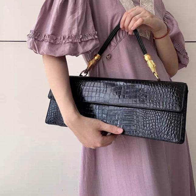 Hiroko Koshino Black Crocodile Print Calfskin Leather East West Clutch Bag