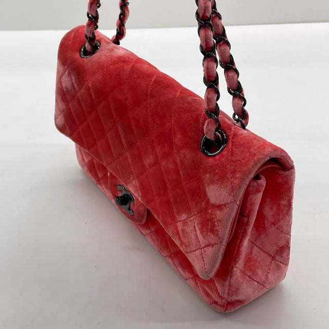 Chanel Classic Flap Medium Coral Orange Velvet Silver Hardware