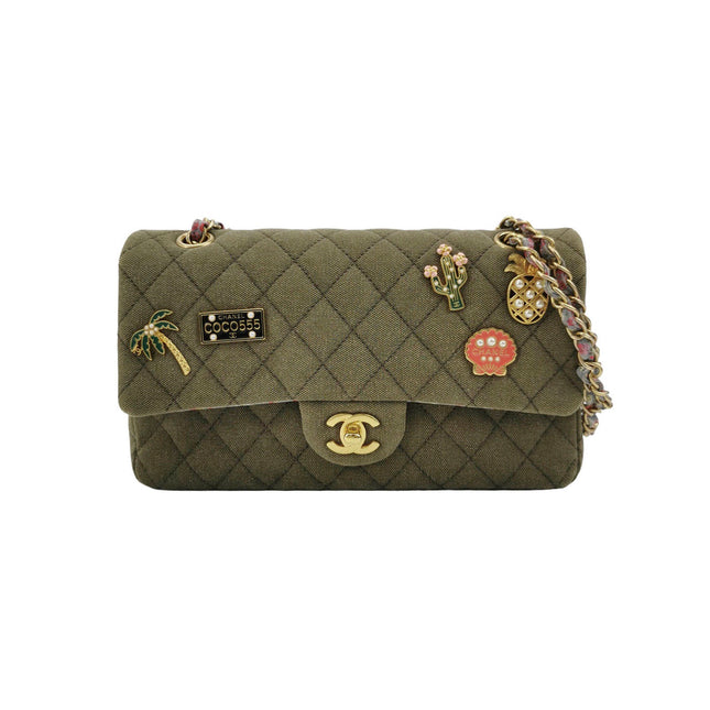 Chanel Classic Flap Green Quilted Canvas Coco Cuba Charms 2017-Luxbags