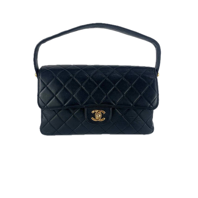 Chanel Medium Double Sided Top Handle Flap Bag Black Lambskin Leather 24k Gold Hardware-Luxbags