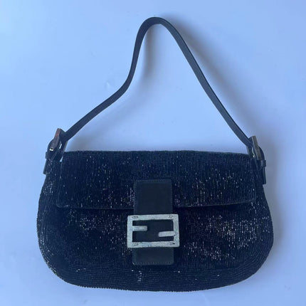 Fendi Baguette Vintage Black Glitter Beads Shoulder Bag