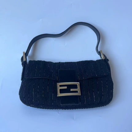 Fendi Baguette Vintage Black Glitter Beads and Cloth Knit Shoulder Bag