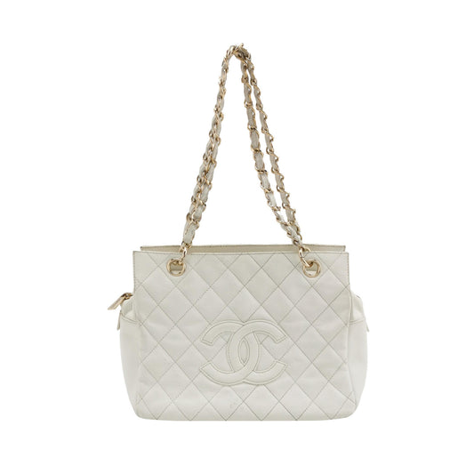 Chanel PST Petite Shopping Tote 2002 White Caviar Leather Chain Bag-Luxbags