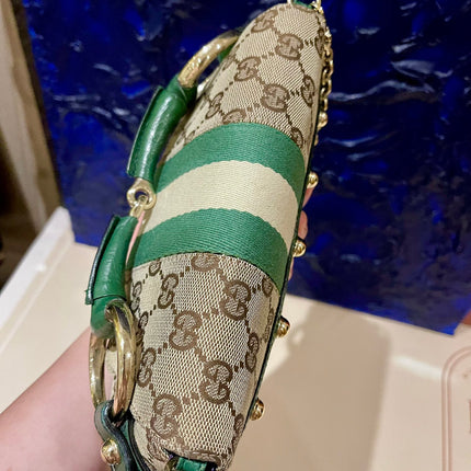 Gucci Horsebit 1955 Chain Bag Gucci Monogram Green Leather and Gold Studs