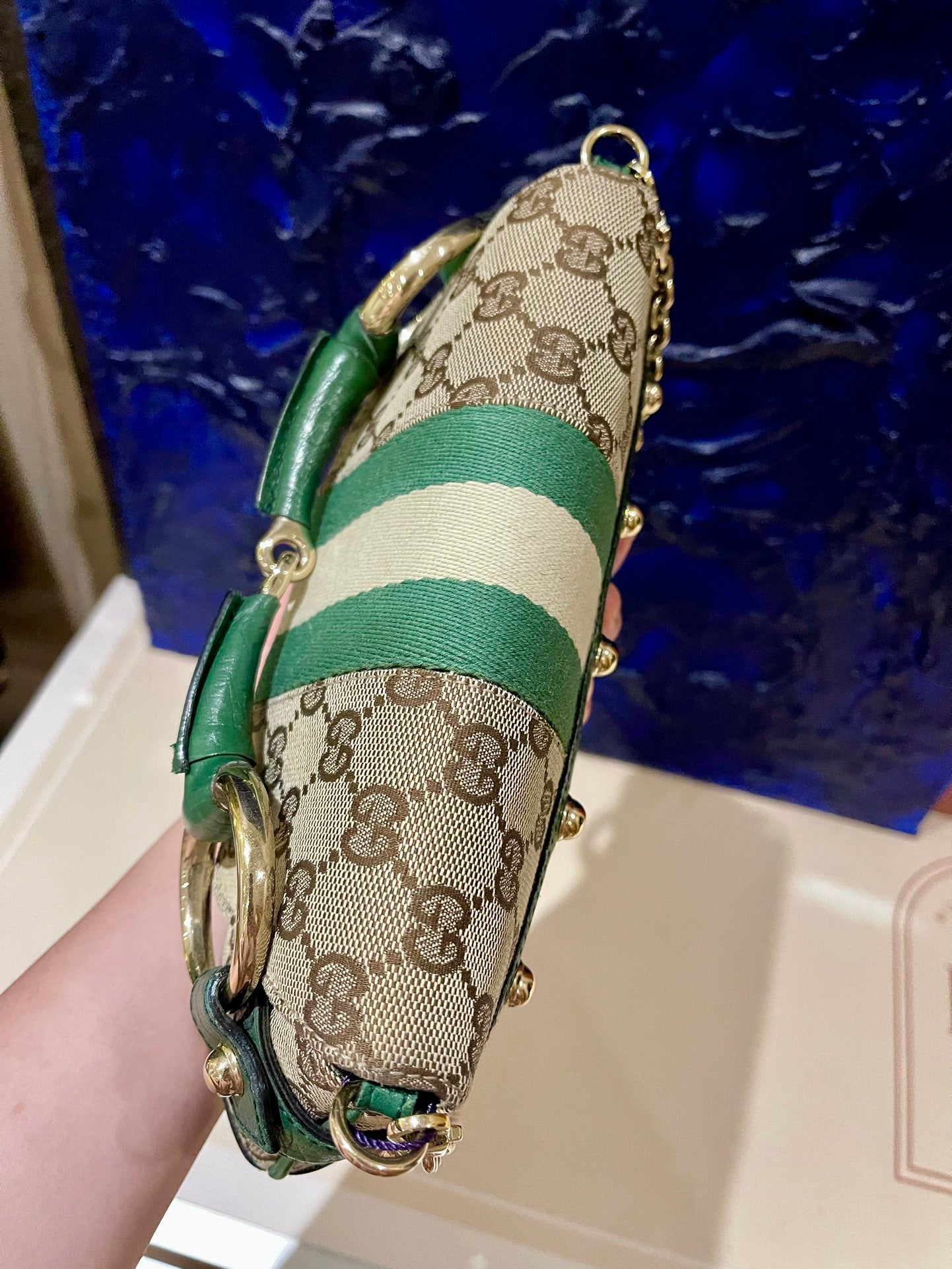 Gucci Horsebit 1955 Chain Bag Gucci Monogram Green Leather and Gold Studs