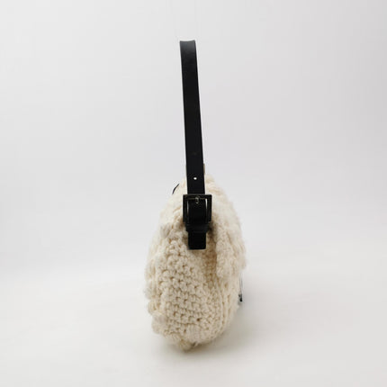 Fendi Baguette Bag White Crochet Knit Wool Pompom Shoulder Bag