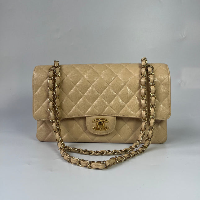 Chanel Timeless Classic Flap Medium Beige Caviar Leather Gold Hardware, 2009-2010